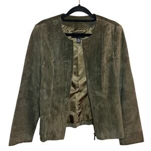 Genuine Leather Suede Moto Jacket Zip Up Forest Green Size Small Biker Boho Y2K
